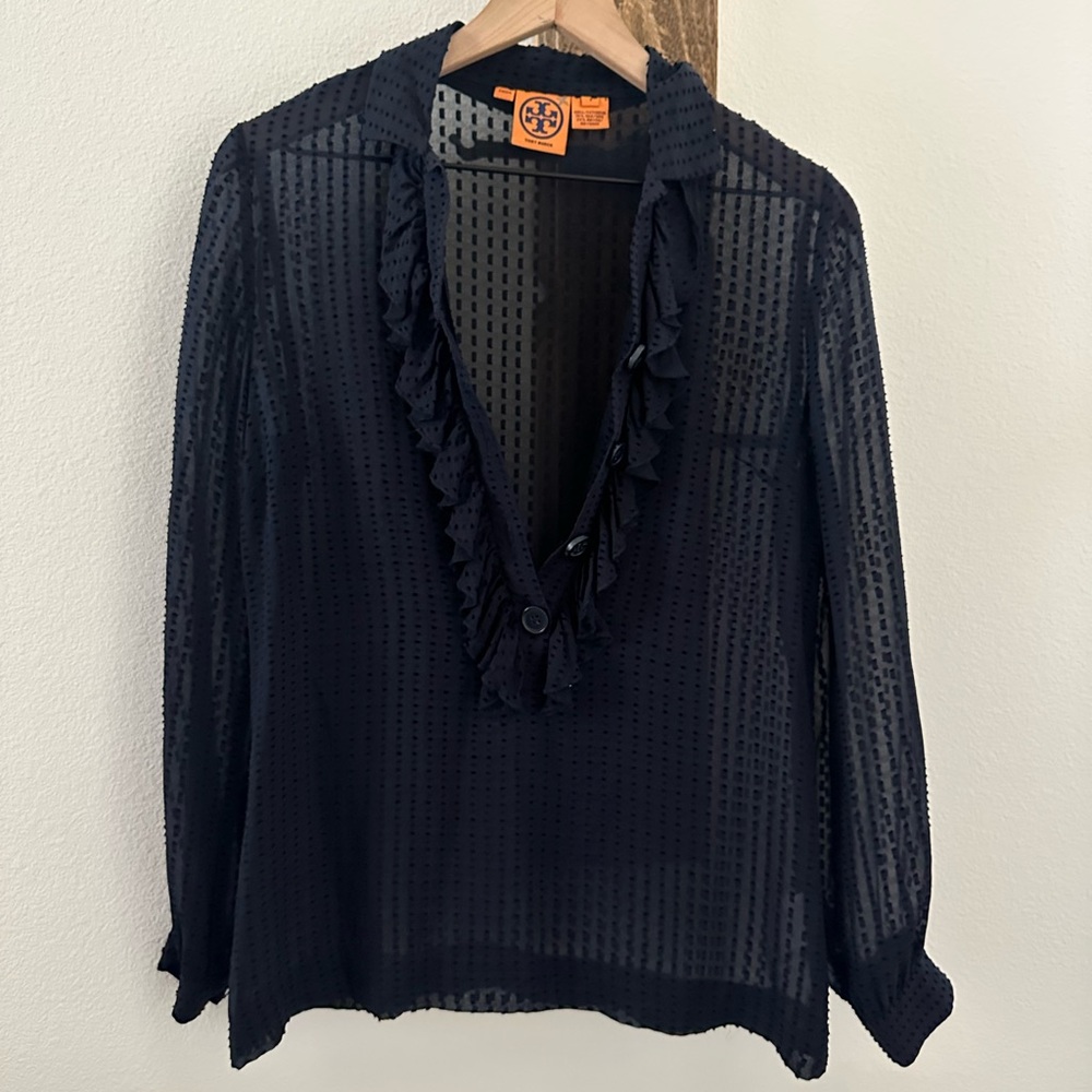 Tory Burch navy Sheer Blouse with Ruffles Swiss dot